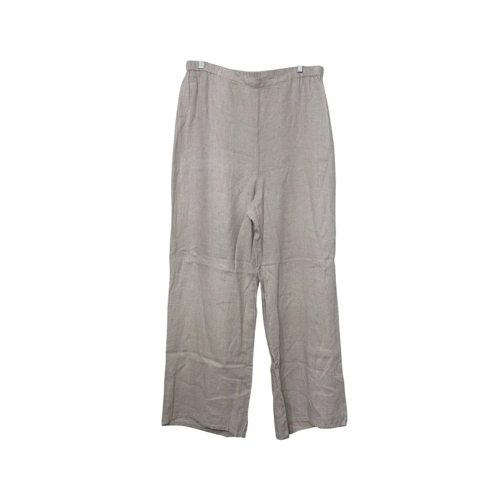 FLAX 100% Linen Pants Wide Leg Elastic Waist Oatmeal Minimal Neutral Boho Large